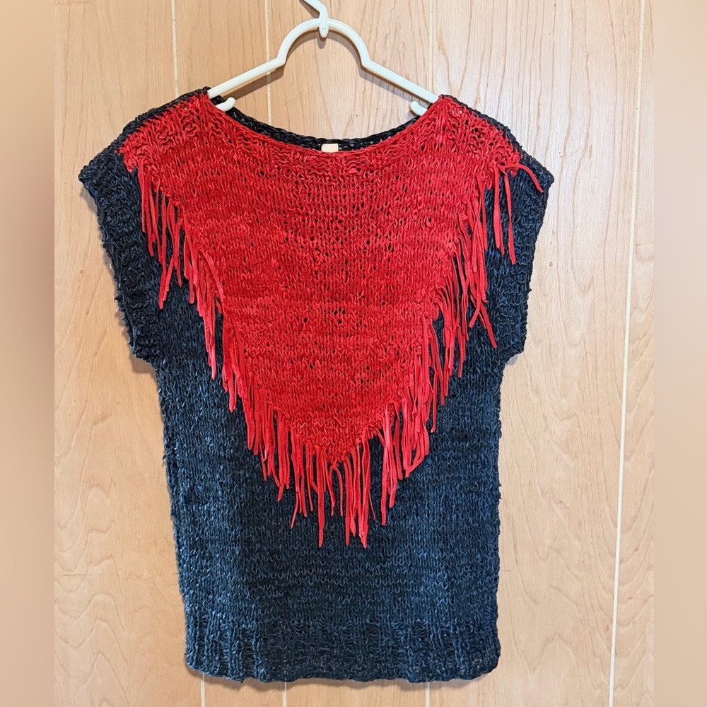 Vintage Handmade Genuine leather Red and Black Fringe Knit Top